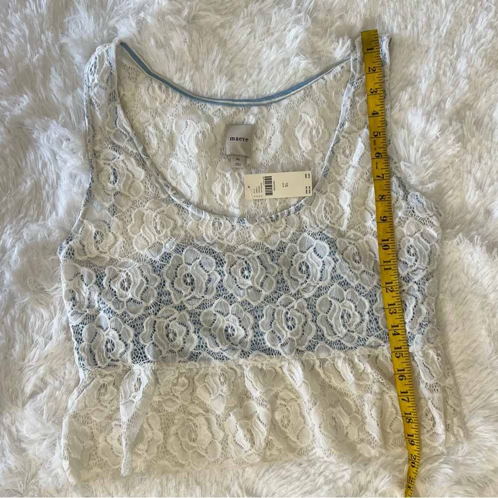Anthropologie Maeve White Lace Peplum Crop Top with Light Blue Underlay - Picture 8 of 15